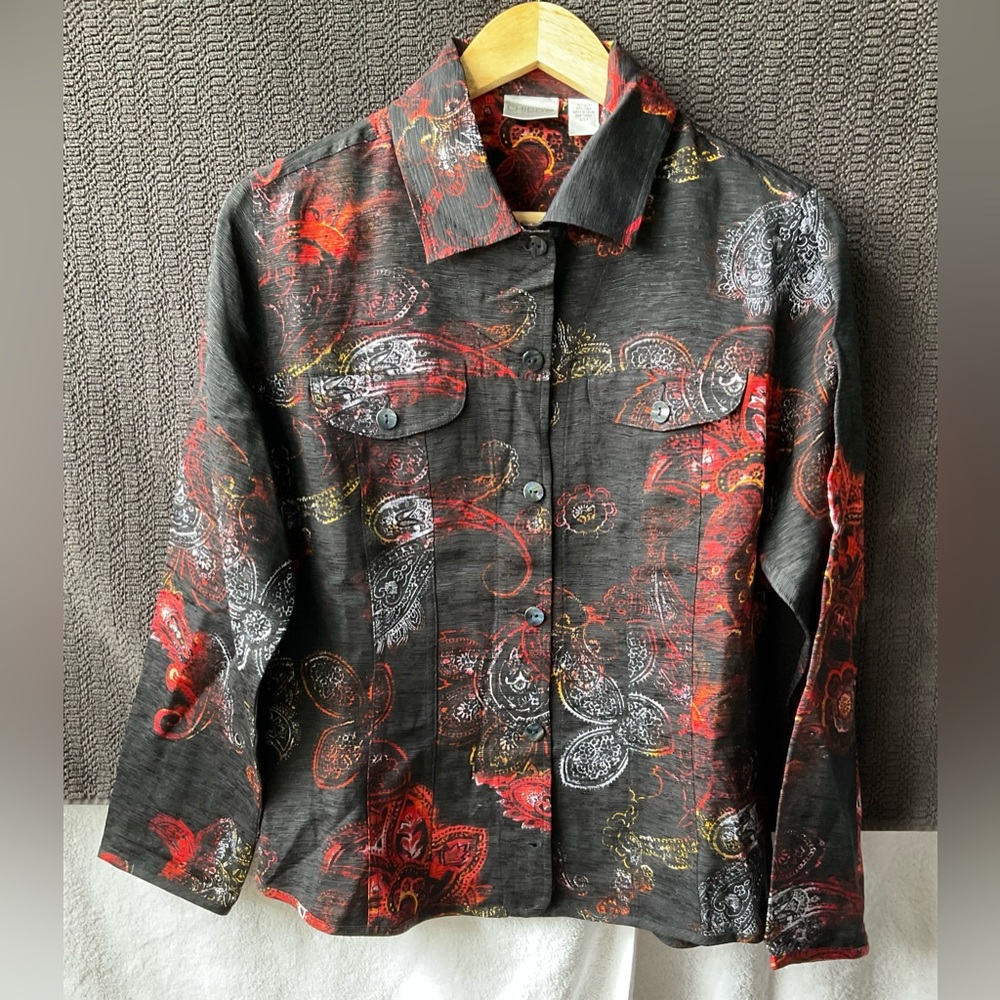 Chico's Artistic Red and Black Long Sleeve Blouse